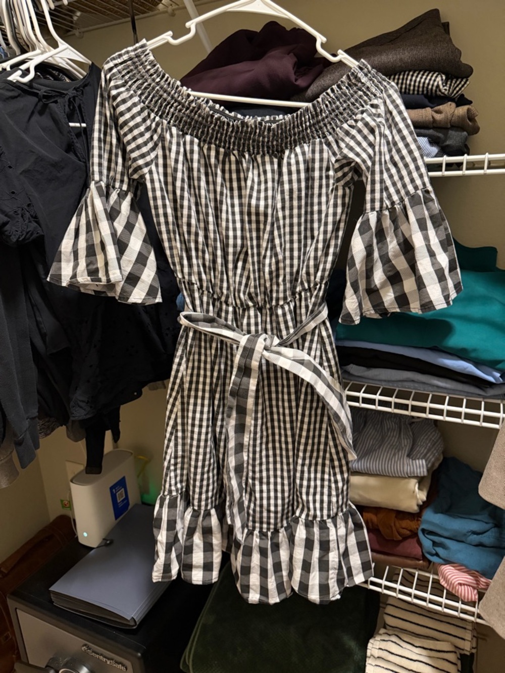 New York & Company Black and White Gingham Off-Shoulder Midi Dress